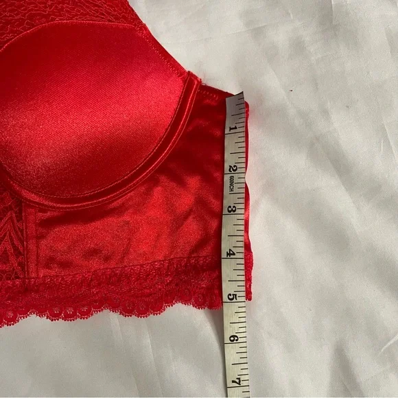 Red satin lace  long line bra and panty two piece set - Picture 6 of 7